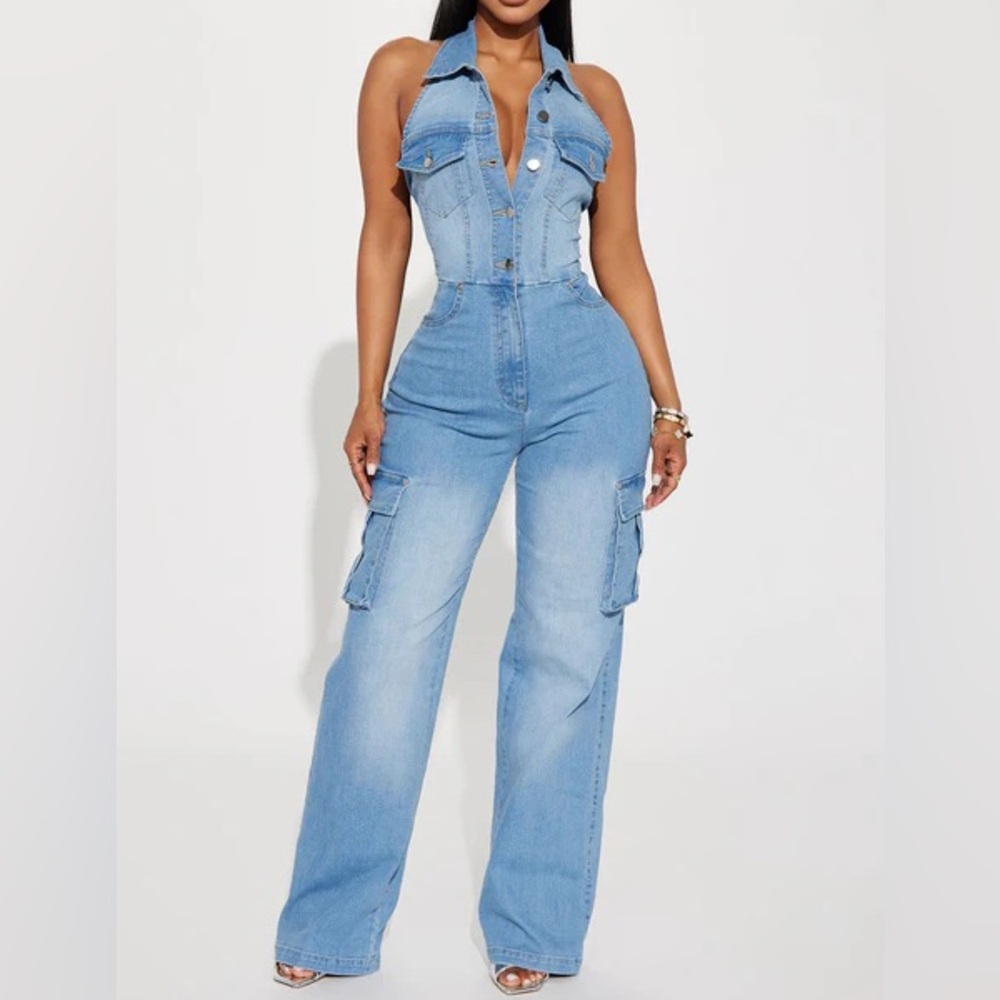 Madelaine Halter Denim Cargo Jumpsuit – Size Large